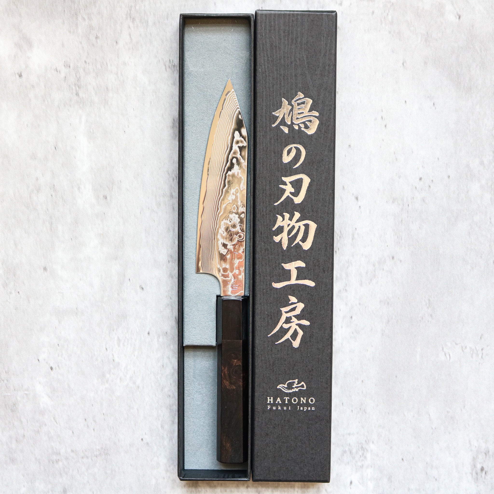 Kenshiro Hatono STRIX Damascus Kiritsuke Petty 135 mm Ebony No Spacer