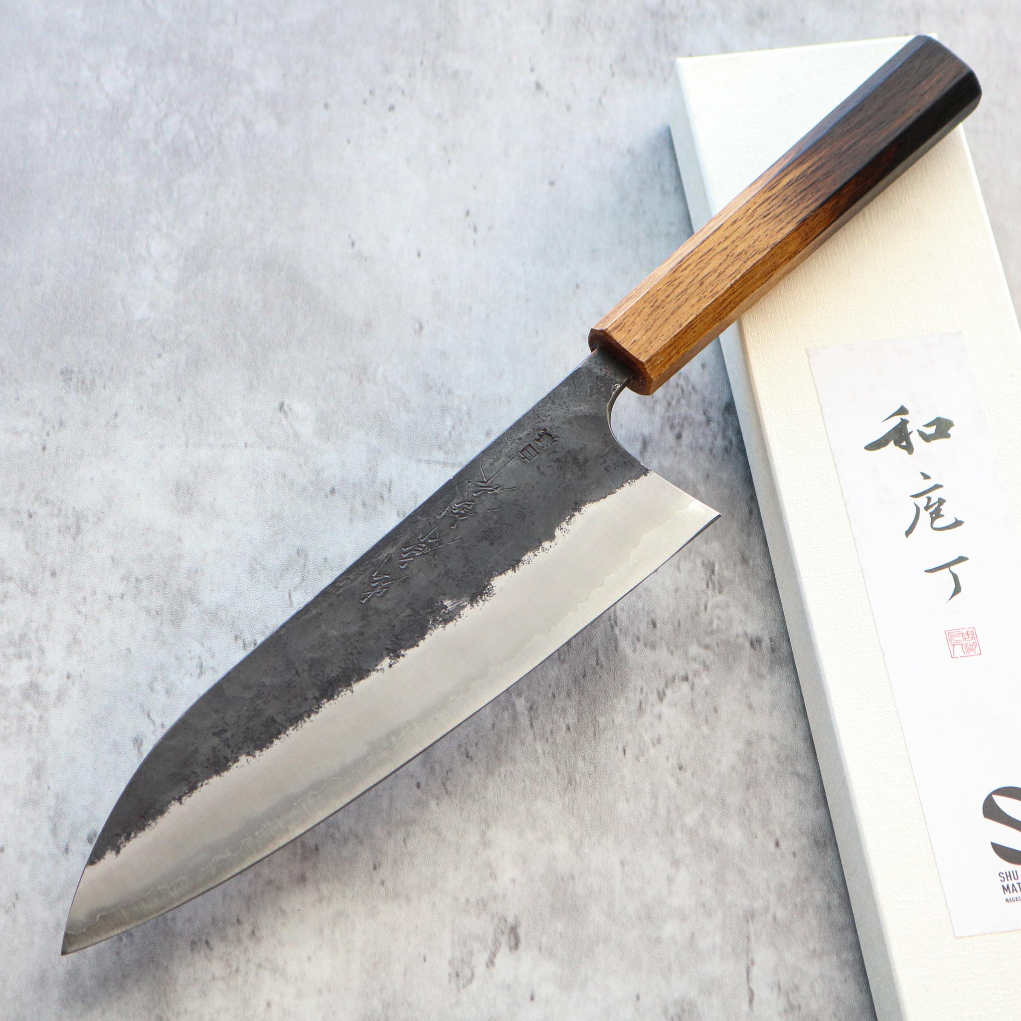 Matsubara Hamono W1 Kurouchi Gyuto 210 mm Burnt Chestnut Handle